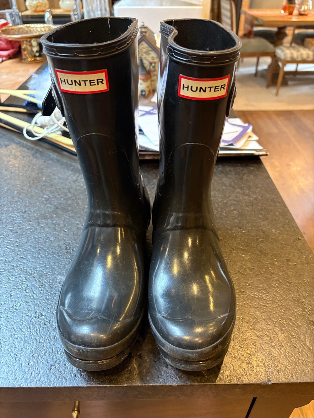 Hunter Kids Black Gloss Rain Boots with Red Logo